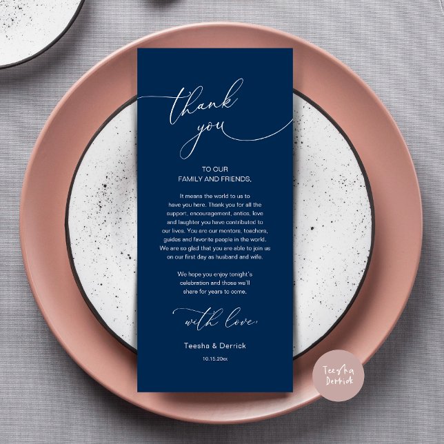 Inställning av tackkort för Romantic Bröllop Ställ Program (Modern Romance Wedding Dinner, Lunch and Brunch Place Setting Thank You Card, in Navy Blue)