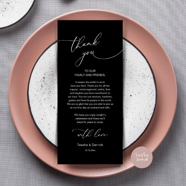 Inställning av tackkort för Romantic Bröllop Ställ Program (Modern Romance Wedding Dinner, Lunch and Brunch Place Setting Thank You Card, in Classy Black)