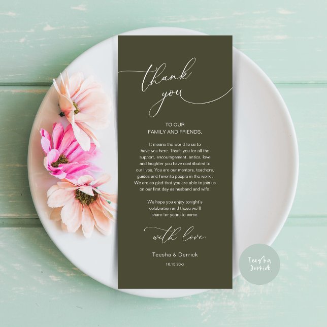 Inställning av tackkort för Romantic Bröllop Ställ Program (Modern Romance Wedding Dinner, Lunch and Brunch Place Setting Thank You Card, in Olive Green)