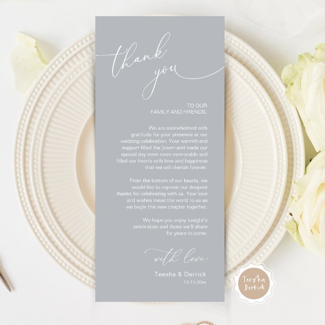 Inställning av tackkort för Romantic Bröllop Ställ Program (Wedding Dinner Place Setting Thank You Card, Modern Romantic Script, in Contemporary Chill Grey)