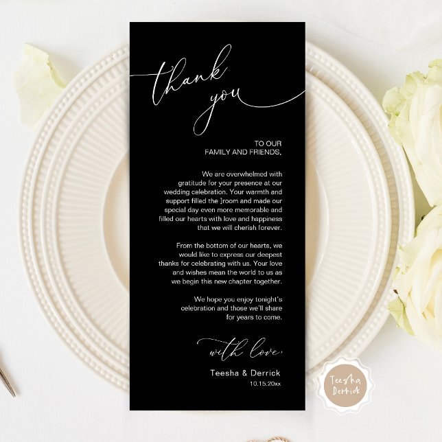 Inställning av tackkort för Romantic Bröllop Ställ Program (Wedding Dinner Place Setting Thank You Card, Modern Romantic Script, in black and white)