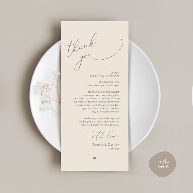 Inställning av tackkort för Romantic Bröllop Ställ Program (Modern Romantic Wedding Dinner Place Setting Thank You Card, Plate Decor, in Dark Grey and Cream)