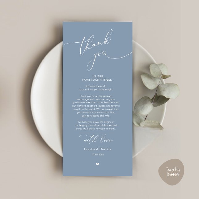 Inställning av tackkort för Romantic Bröllop Ställ Program (Modern Romantic Wedding Dinner Place Setting Thank You Card, Plate Decor, in Dusty Blue)