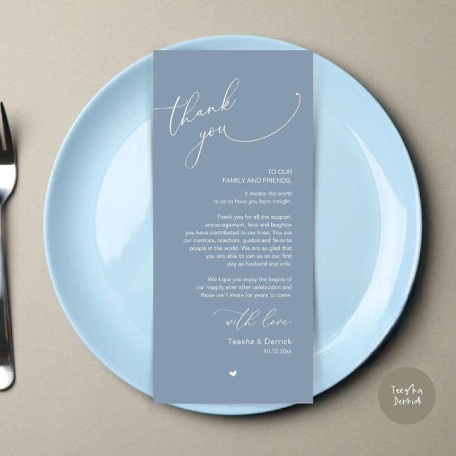 Inställning av tackkort för Romantic Bröllop Ställ Program (Modern Romantic Wedding Dinner Place Setting Thank You Card, Plate Decor, in Dusty Blue)