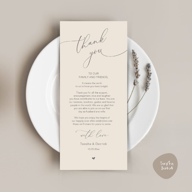 Inställning av tackkort för Romantic Bröllop Ställ Program (Modern Romantic Wedding Dinner Place Setting Thank You Card, Plate Decor, in Dark Grey and Cream)