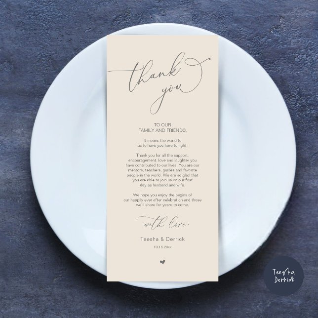 Inställning av tackkort för Romantic Bröllop Ställ Program (Modern Romantic Wedding Dinner Place Setting Thank You Card, Plate Decor, in Dark Grey and Cream)