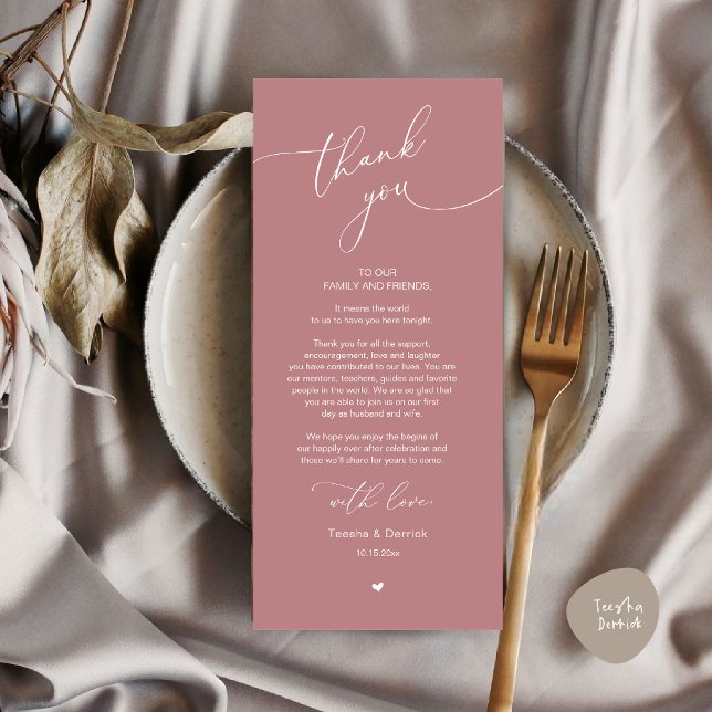 Inställning av tackkort för Romantic Bröllop Ställ Program (Modern Romantic Wedding Dinner Place Setting Thank You Card, Plate Decor, in Dusty Rose Pink)