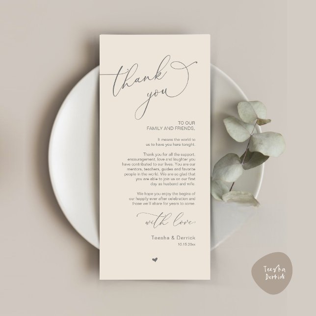 Inställning av tackkort för Romantic Bröllop Ställ Program (Modern Romantic Wedding Dinner Place Setting Thank You Card, Plate Decor, in Dark Grey and Cream)