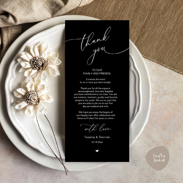 Inställning av tackkort för Romantic Bröllop Ställ Program (Modern Romantic Wedding Dinner Place Setting Thank You Card, Plate Decor, in Classy Black)