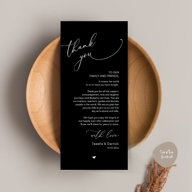 Inställning av tackkort för Romantic Bröllop Ställ Program (Modern Romantic Wedding Dinner Place Setting Thank You Card, Plate Decor, in Classy Black)