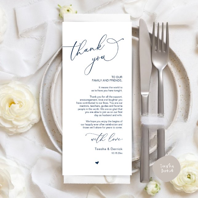 Inställning av tackkort för Romantic Bröllop Ställ Program (Romantic Modern Wedding Dinner Place Setting Thank You Card, in Classy Navy Blue)