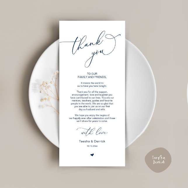 Inställning av tackkort för Romantic Bröllop Ställ Program (Romantic Modern Wedding Dinner Place Setting Thank You Card, in Classy Navy Blue)