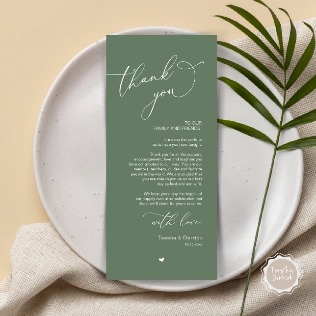 Inställning av tackkort för Romantic Bröllop Ställ Program (Romantic Modern Wedding Dinner Place Setting Thank You Card, in Greenery Forest Sage Green)