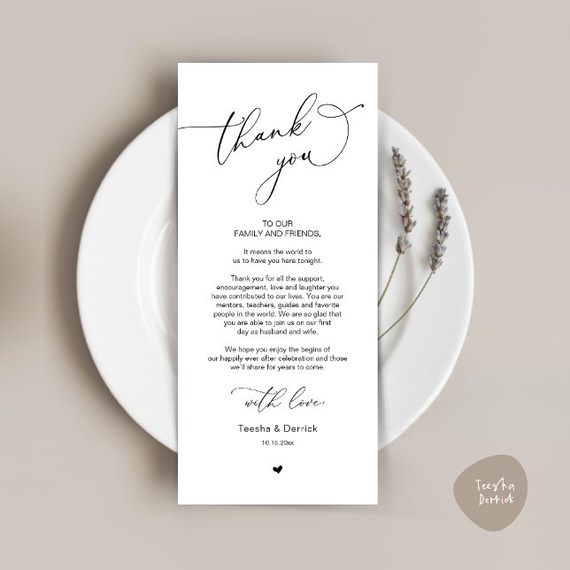 Inställning av tackkort för Romantic Bröllop Ställ Program (Romantic Modern Wedding Dinner Place Setting Thank You Card, in Black and White)
