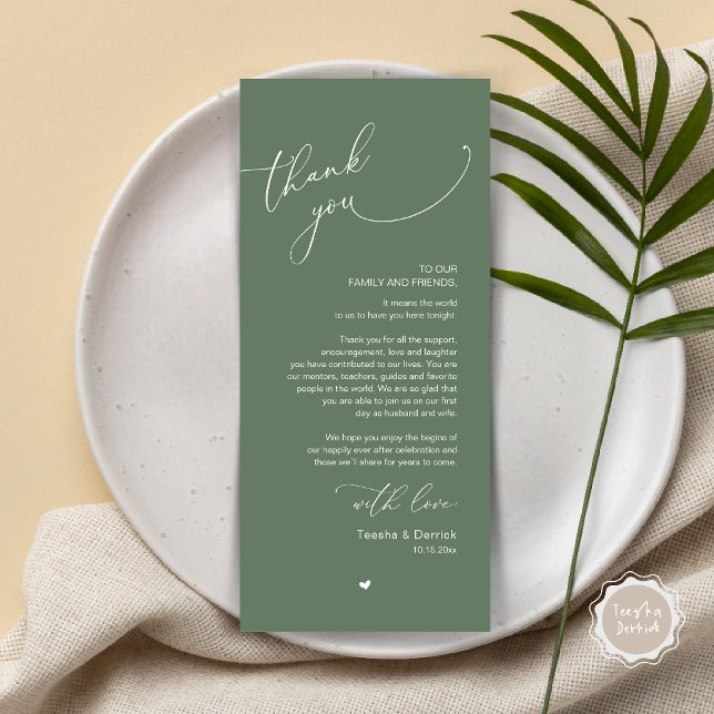 Inställning av tackkort för Romantic Bröllop Ställ Program (Romantic Modern Wedding Dinner Place Setting Thank You Card, in Greenery Forest Sage Green)