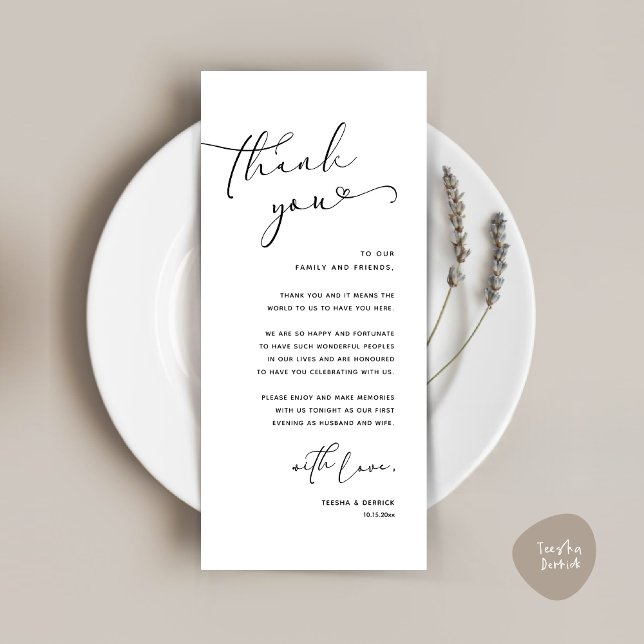 Inställning av tackkort för Romantic Bröllop Ställ Program (Romantic Minimalist Wedding Dinner Place Setting Thank You Card, in White Black)