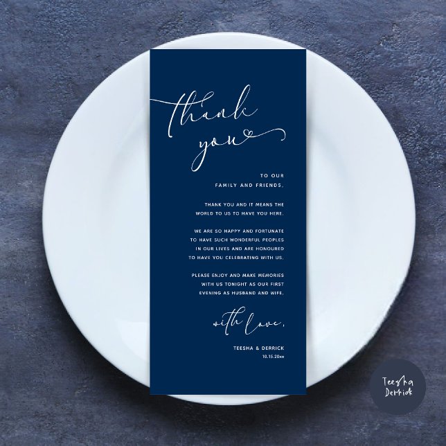 Inställning av tackkort för Romantic Bröllop Ställ Program (Romantic Minimalist Wedding Dinner Place Setting Thank You Card, in Navy Blue)