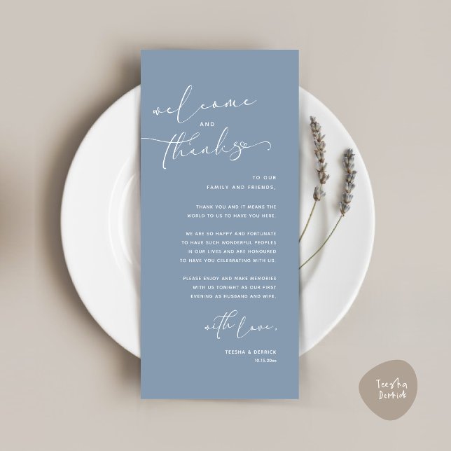 Inställning av tackkort för Romantic Bröllop Ställ Program (Romantic Wedding Dinner Place Setting Thank You Card, in Dusty Blue)