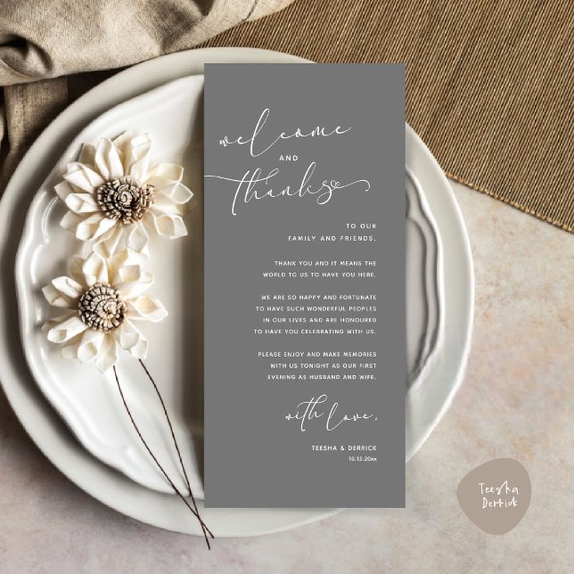 Inställning av tackkort för Romantic Bröllop Ställ Program (Romantic Wedding Dinner Place Setting Thank You Card, in Dark Grey)