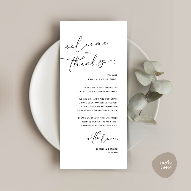 Inställning av tackkort för Romantic Bröllop Ställ Program (Romantic Wedding Dinner Place Setting Thank You Card, in White and Black)