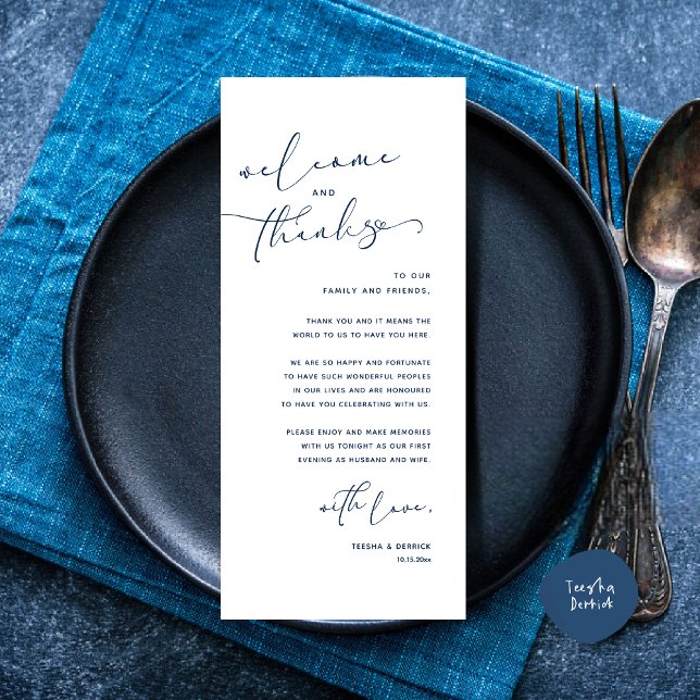 Inställning av tackkort för Romantic Bröllop Ställ Program (Romantic Wedding Dinner Place Setting Thank You Card, in Navy Blue)