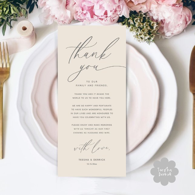Inställning av tackkort för Romantic Bröllop Ställ Program (Romantic Wedding Place Setting Modern Dinner Brunch Lunch Party Thank You Card in Classy Cream Grey)