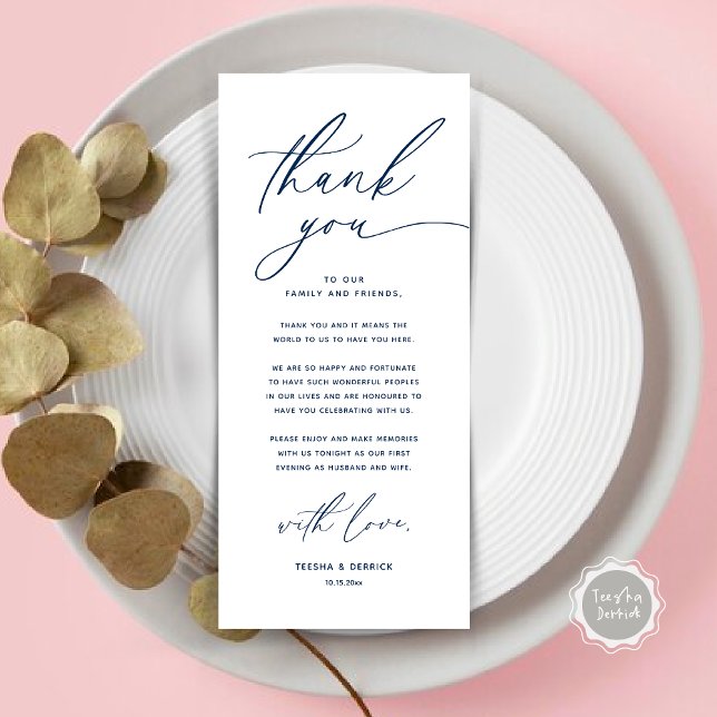 Inställning av tackkort för Romantic Bröllop Ställ Program (Romantic Wedding Place Setting Modern Dinner Brunch Lunch Party Thank You Card in Navy Blue)