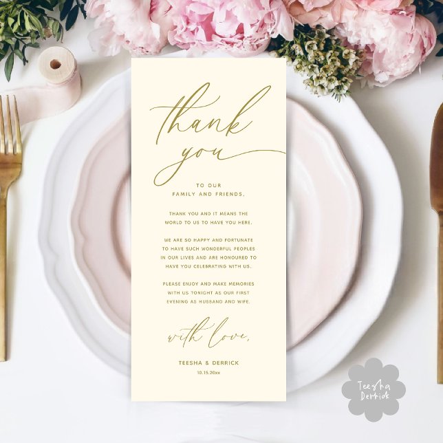 Inställning av tackkort för Romantic Bröllop Ställ Program (Romantic Wedding Place Setting Modern Dinner Brunch Lunch Party Thank You Card in Classy Yellow Gold)