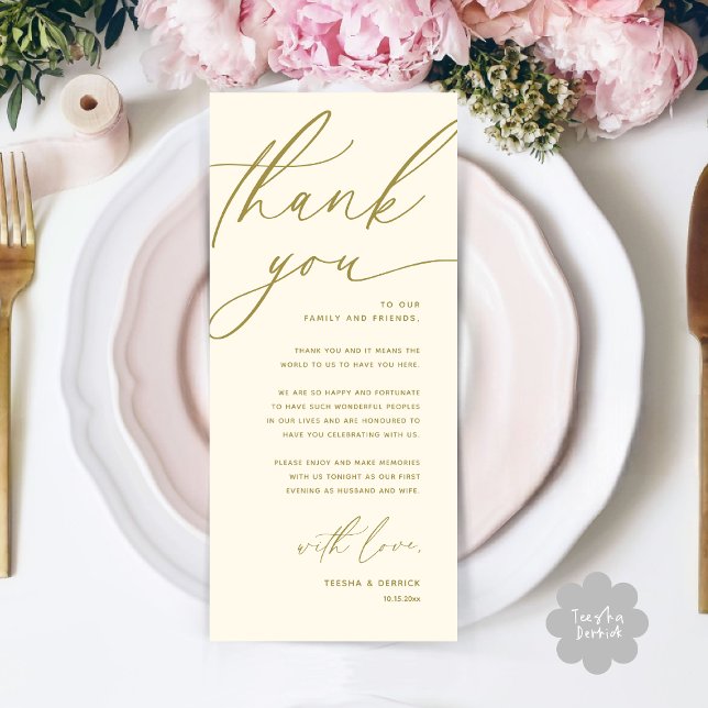 Inställning av tackkort för Romantic Bröllop Ställ Program (Romantic Wedding Place Setting Modern Dinner Brunch Lunch Party Thank You Card in Classy Yellow Gold)