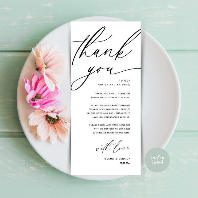 Inställning av tackkort för Romantic Bröllop Ställ Program (Romantic Wedding Place Setting Modern Dinner Brunch Lunch Party Thank You Card in Black White)