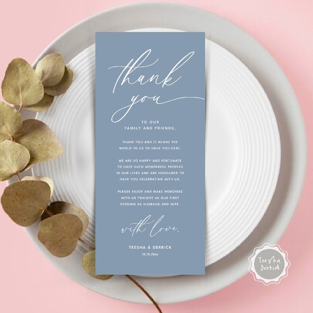 Inställning av tackkort för Romantic Bröllop Ställ Program (Romantic Wedding Place Setting Modern Dinner Brunch Lunch Party Thank You Card in Dusty Blue)