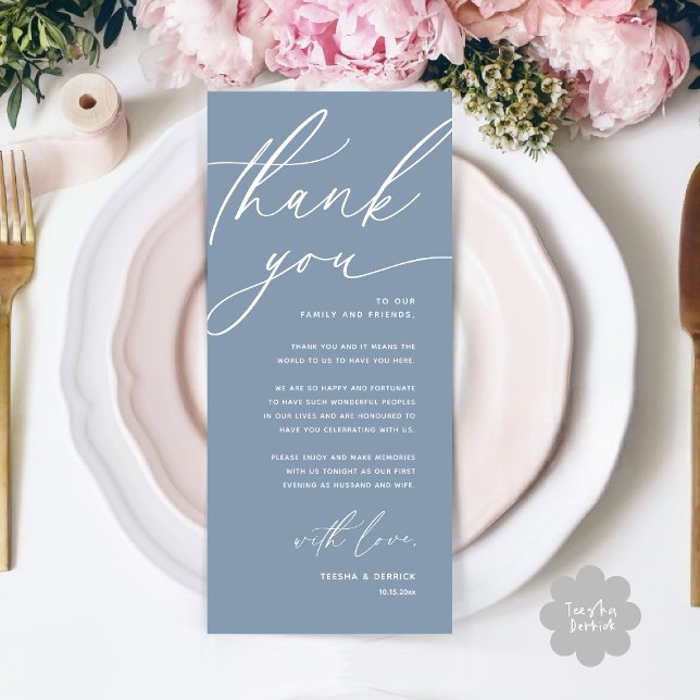 Inställning av tackkort för Romantic Bröllop Ställ Program (Romantic Wedding Place Setting Modern Dinner Brunch Lunch Party Thank You Card in Dusty Blue)