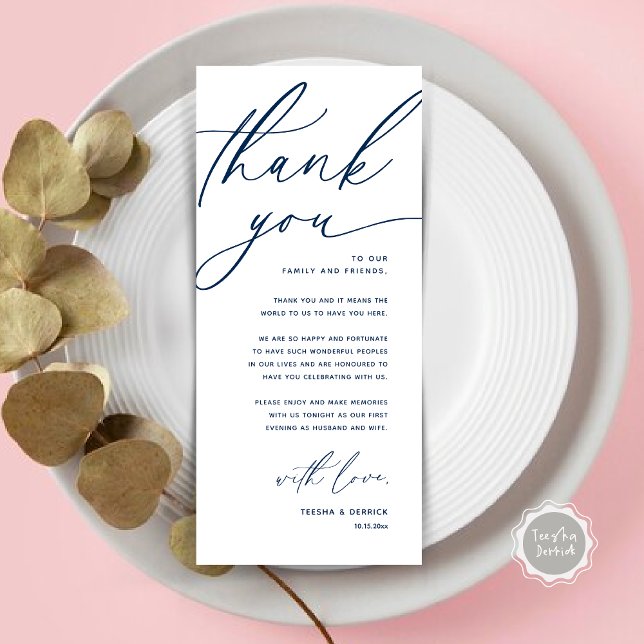 Inställning av tackkort för Romantic Bröllop Ställ Program (Romantic Wedding Place Setting Modern Dinner Brunch Lunch Party Thank You Card in Navy Blue)
