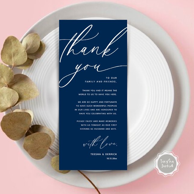 Inställning av tackkort för Romantic Bröllop Ställ Program (Romantic Wedding Place Setting Modern Dinner Brunch Lunch Party Thank You Card in Navy Blue)