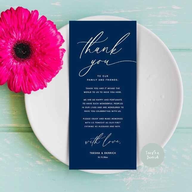 Inställning av tackkort för Romantic Bröllop Ställ Program (Romantic Wedding Place Setting Modern Dinner Brunch Lunch Party Thank You Card in Navy Blue)