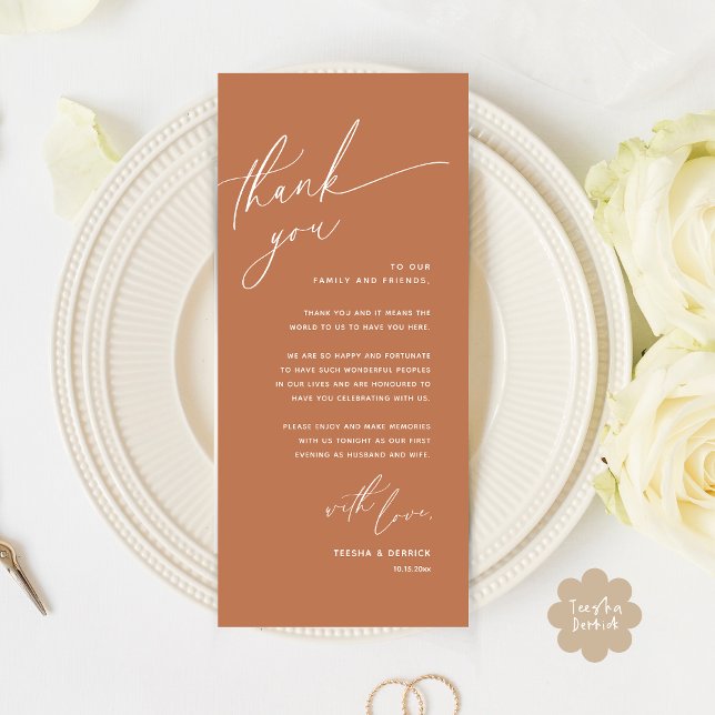 Inställning av tackkort för Romantic Bröllop Ställ Program (Romantic Wedding Dinner Place Setting Thank You Card Lunch Brunch in Copper Terracotta Brown Earthy)