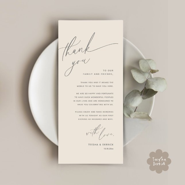 Inställning av tackkort för Romantic Bröllop Ställ Program (Romantic Wedding Dinner Place Setting Thank You Card Lunch Brunch in Cream Grey)