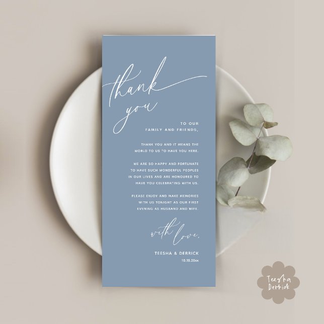 Inställning av tackkort för Romantic Bröllop Ställ Program (Romantic Wedding Dinner Place Setting Thank You Card Lunch Brunch in Classy Dusty Blue)
