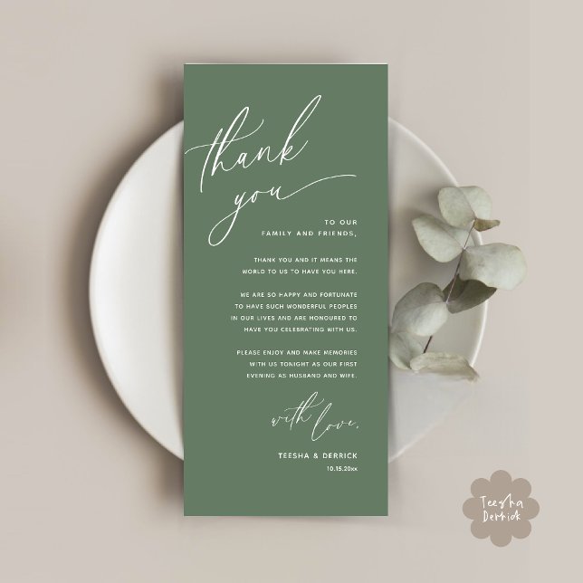 Inställning av tackkort för Romantic Bröllop Ställ Program (Romantic Wedding Dinner Place Setting Thank You Card Lunch Brunch in Sage Green Greenery)