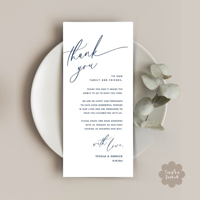 Inställning av tackkort för Romantic Bröllop Ställ Program (Romantic Wedding Dinner Place Setting Thank You Card Lunch Brunch in Classy Navy Blue)