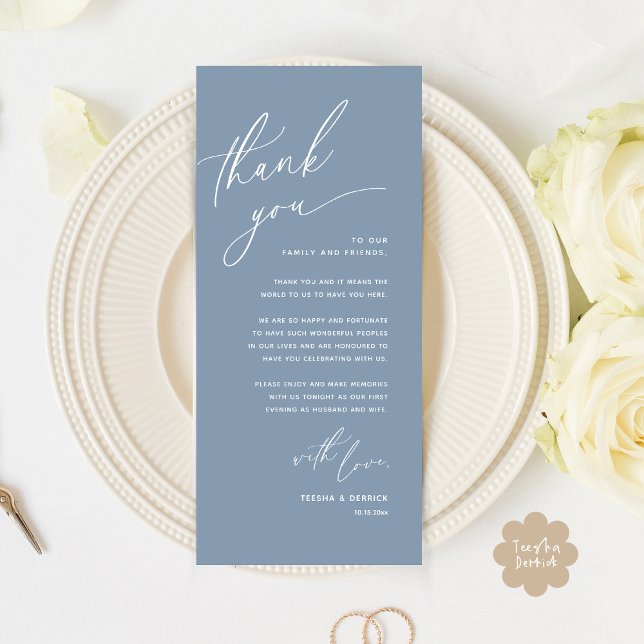 Inställning av tackkort för Romantic Bröllop Ställ Program (Romantic Wedding Dinner Place Setting Thank You Card Lunch Brunch in Classy Dusty Blue)
