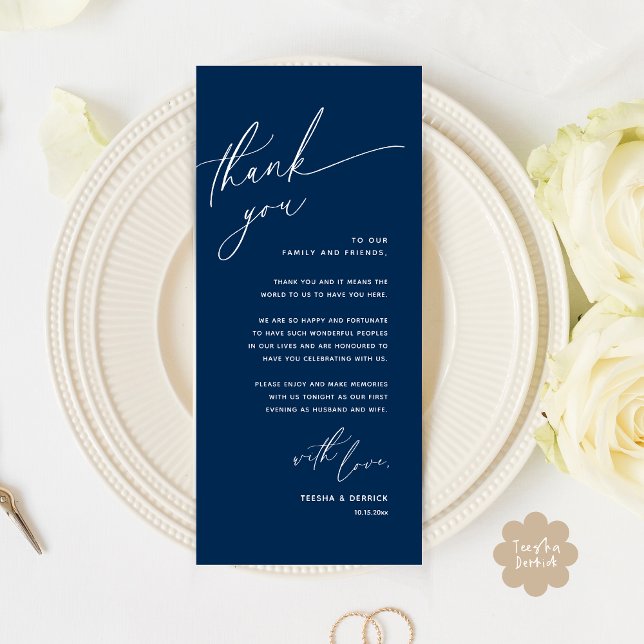 Inställning av tackkort för Romantic Bröllop Ställ Program (Romantic Wedding Dinner Place Setting Thank You Card Lunch Brunch in Classy Navy Blue)