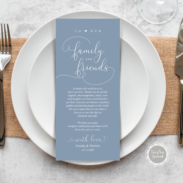 Inställning av tackkort för Ställe för dagens mode Program (Modern Elegant Wedding Dinner Place Setting Thank You Card, Plate Decor, in Dusty Blue)