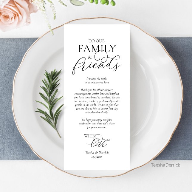 Inställning av tackkort för Ställe för romsk midda Program (Wedding Place Setting Thank You Card, Romantic Script, Black and White.)