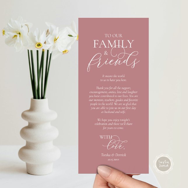 Inställning av tackkort för Ställe för romsk midda Program (Wedding Place Setting Thank You Card, Romantic Script, Dusty Rose Pink.)