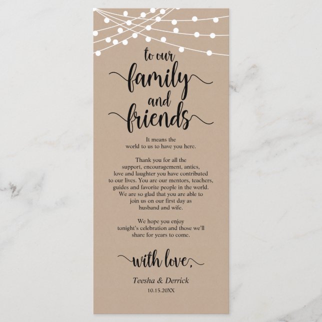 Inställning av tackkort för Ställe i Rustic Bröllo Program (Framsida)