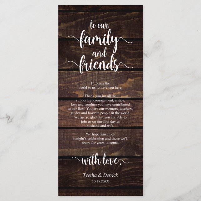 Inställning av tackkort för Ställe i Rustic Bröllo Program (Framsida)