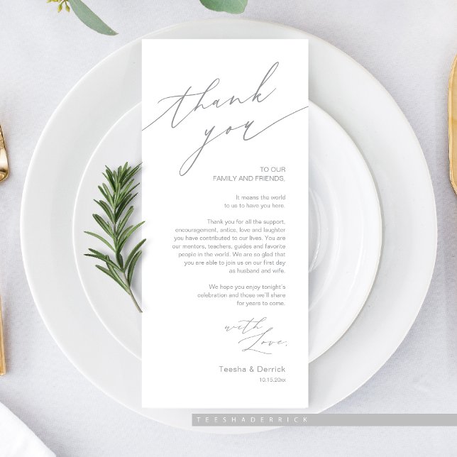 Inställning av tackkort för Ställe-middagen i bröl Program (Romantic Wedding Dinner Place Setting Thank You Card, in dark grey)