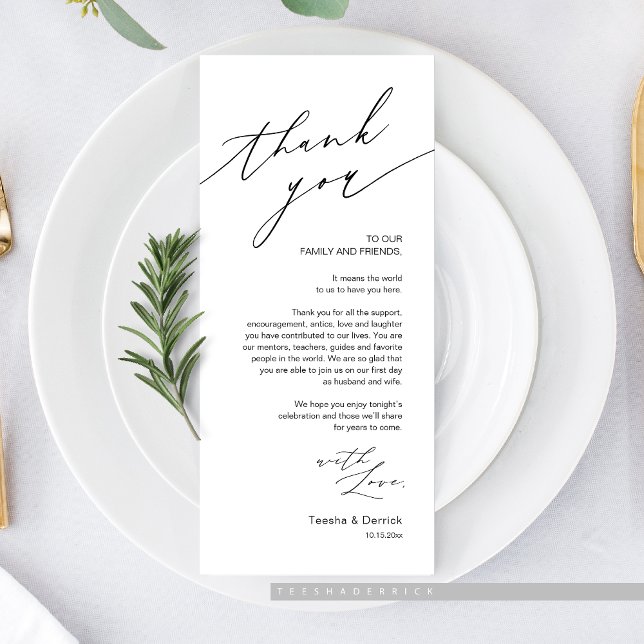 Inställning av tackkort för Ställe-middagen i bröl Program (Romantic Wedding Dinner Place Setting Thank You Card, in Black and White)