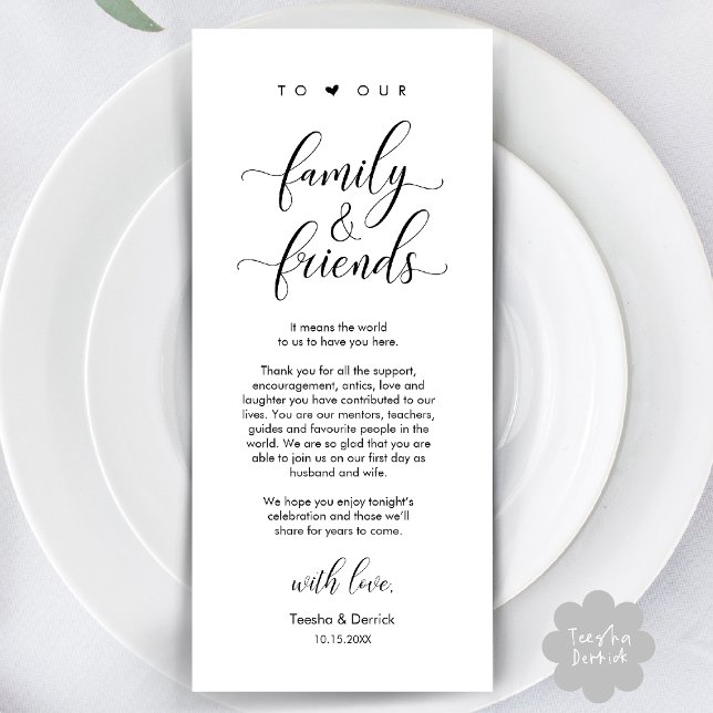 Inställning av tackkort för Ställe-middagen i bröl Program (Welcome and Thanks, Wedding Dinner Place Setting Thank You Card in Classy Black White)